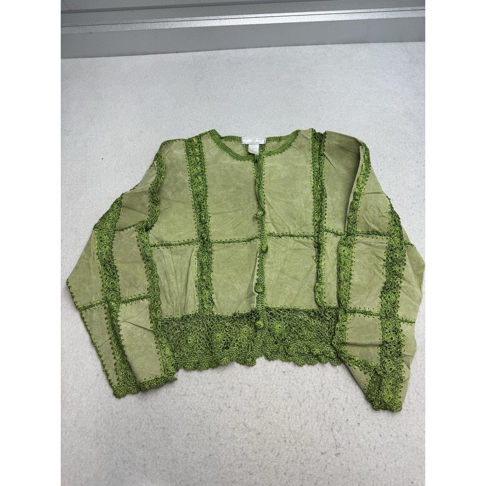 SMK Boutique Blouse Women's Large Green Leather Crochet Cropped Boho Top